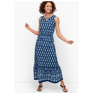 Talbots‎ Maxi Dress Womens L Petite Blue Tree Block Print Jersey Sleeveless Tie